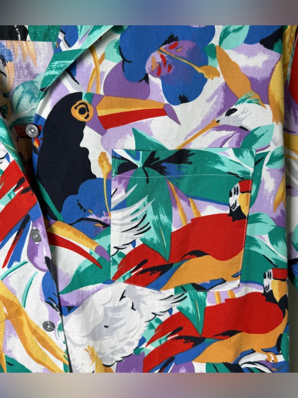 VTG Toucan Country 80s Tropical Retro Bird Print Cotton Vacay Blouse | Size 12 - Picture 4 of 10